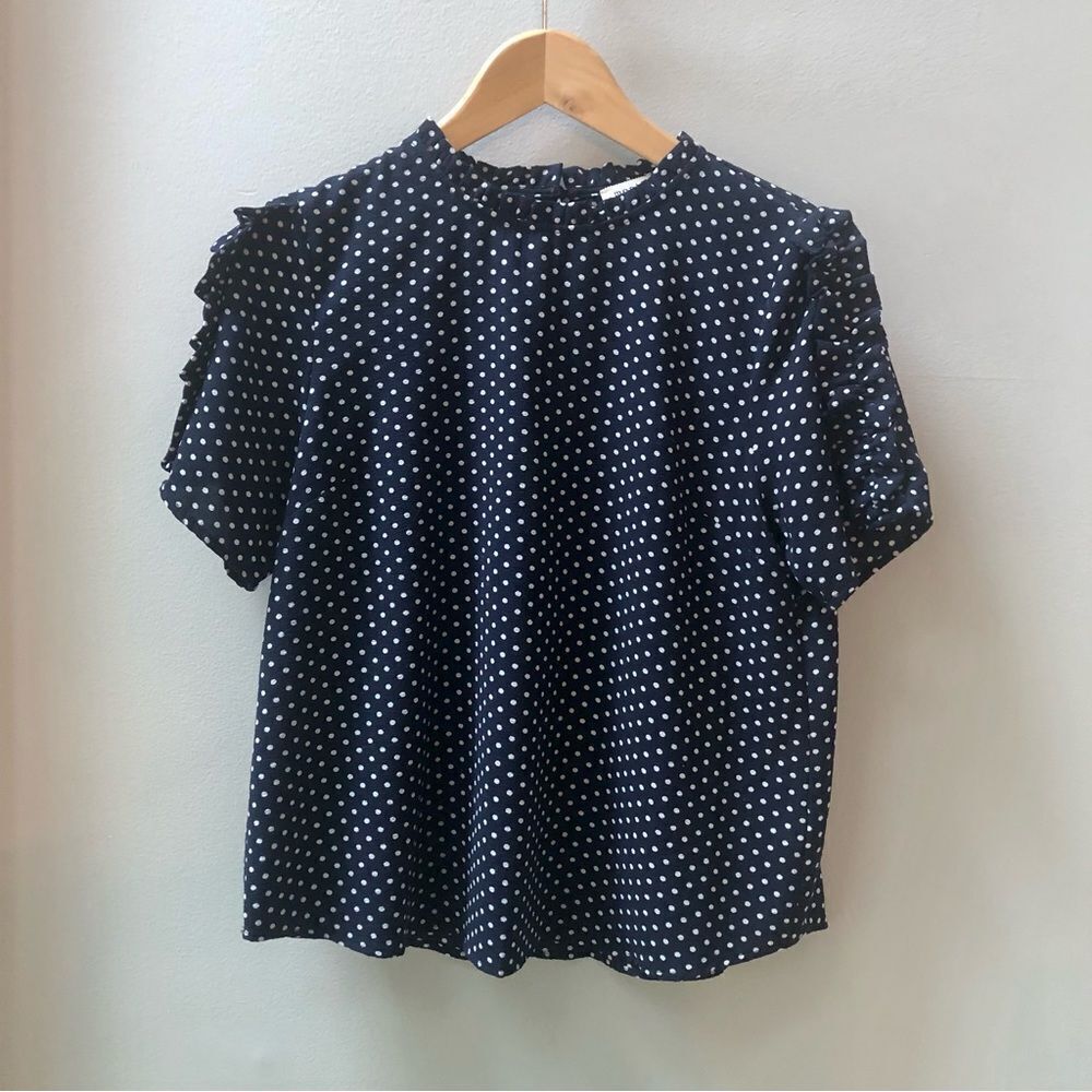 Monteau navy and white polka blouse ruffle sleeve women’s size L